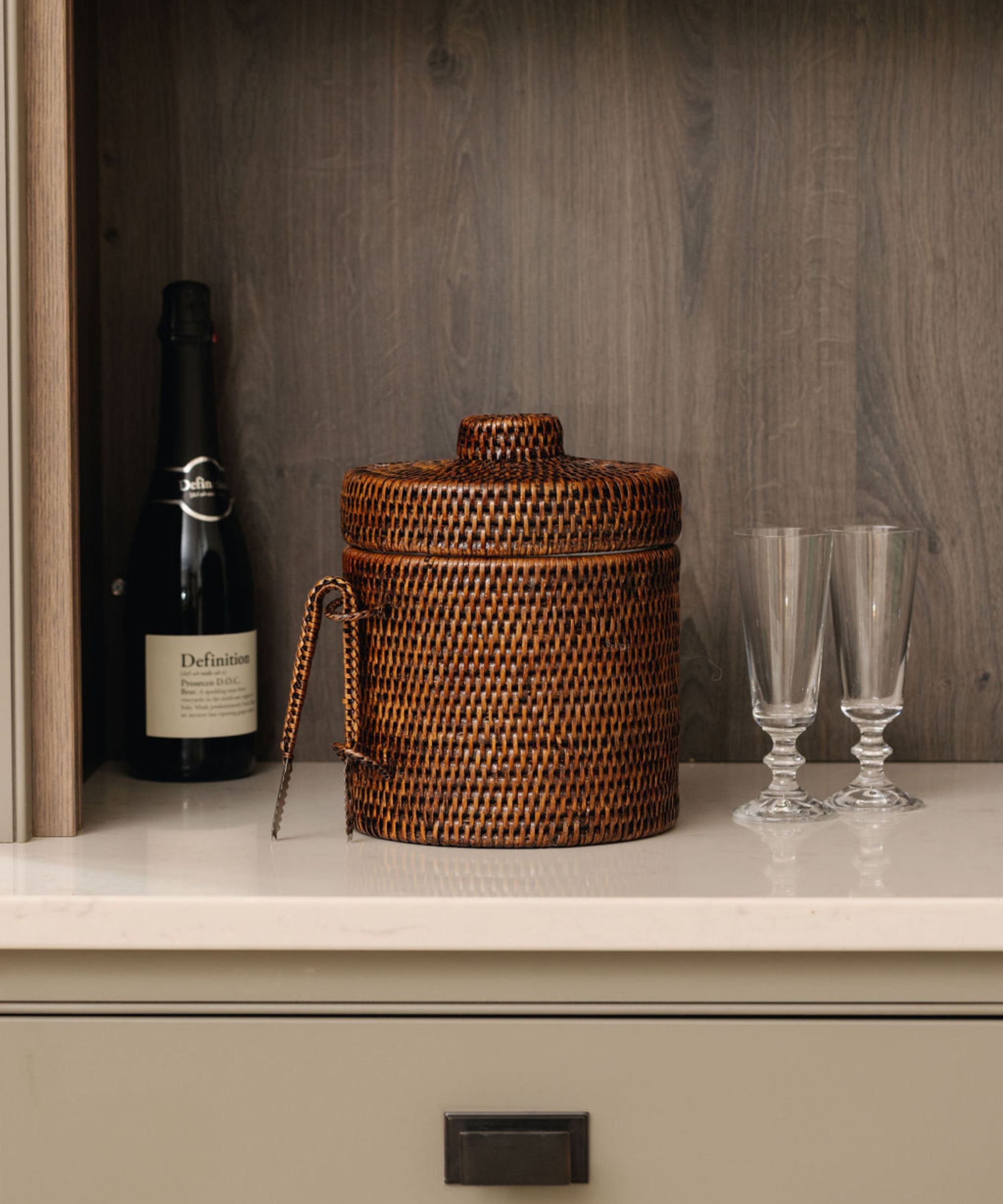 Rattan Ice Bucket with Tongs, Brown