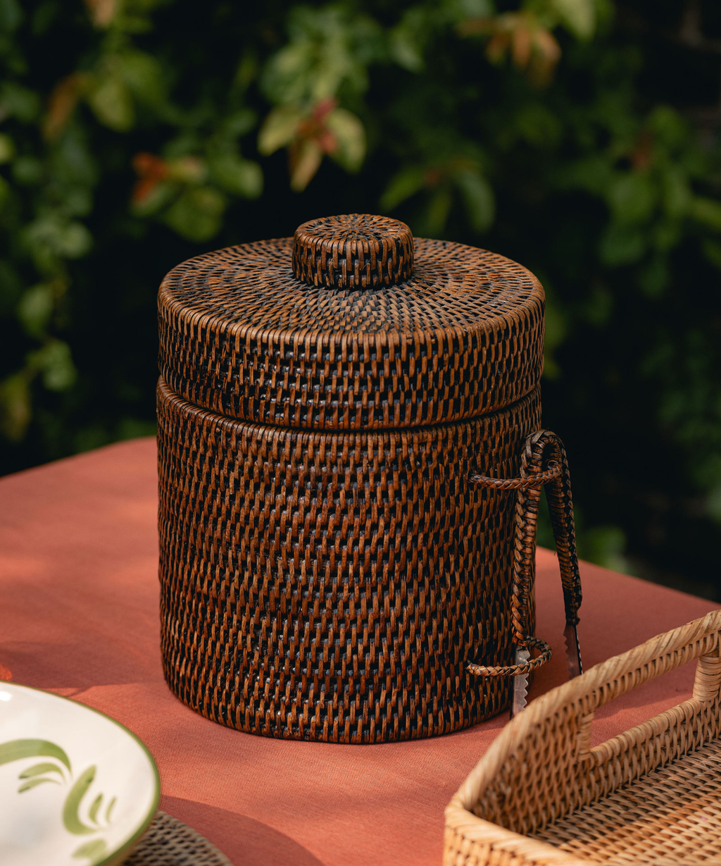 Rattan Ice Bucket with Tongs, Brown
